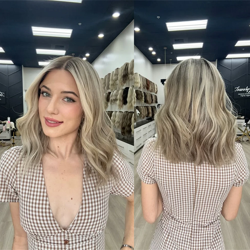 Glueless Ombre Blonde Synthetic Wig 13x4 Lace Front Wig Balayage Highlights Natural Wave Mixed Wig for Women Summer Daily Use