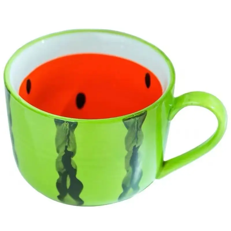 Creative Hand-Painted Watermelon Ceramic Bowl Lovely Fruit Bowl Cartoon Tableware Flatware Set - Plate spoon cup