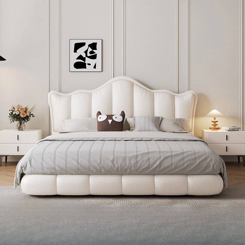 French cream wind crown leather master bedroom first layer cowhide high-end light luxury modern simple double wedding bed