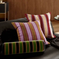 Retro Stripe Column Pillows Brown Dopamine Cushion Case Luxury Velvet Decorative Pillow Cover For Sofa Round Roll Bed Decoration