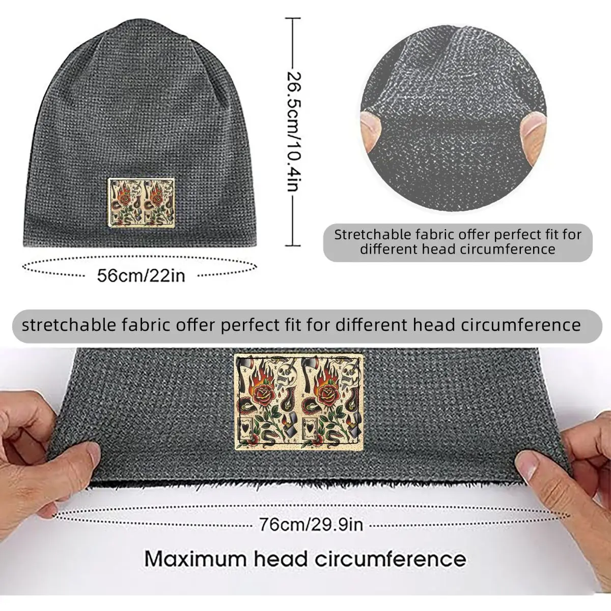 American Traditional Flash Pattern Tattoo Waffle Knit Fleece Lined Beanie with PU Leather Patch Unisex Warm Winter Soft Cap