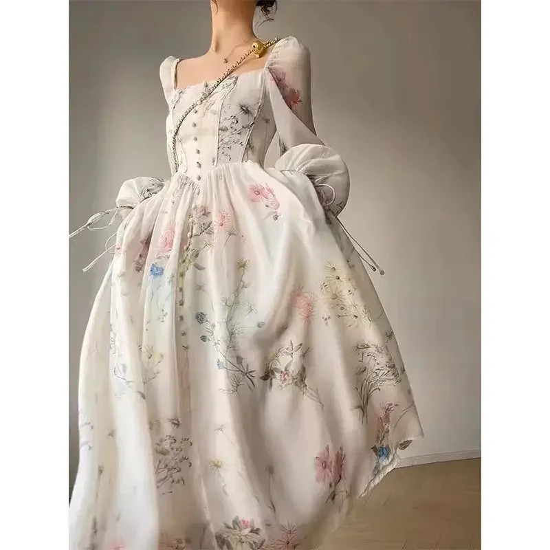 

French Elegant Floral Midi Dress Chiffon Long Sleeve Evening Party Dress Woman Beach Fairy One Piece Dress Korean 2023 Summer