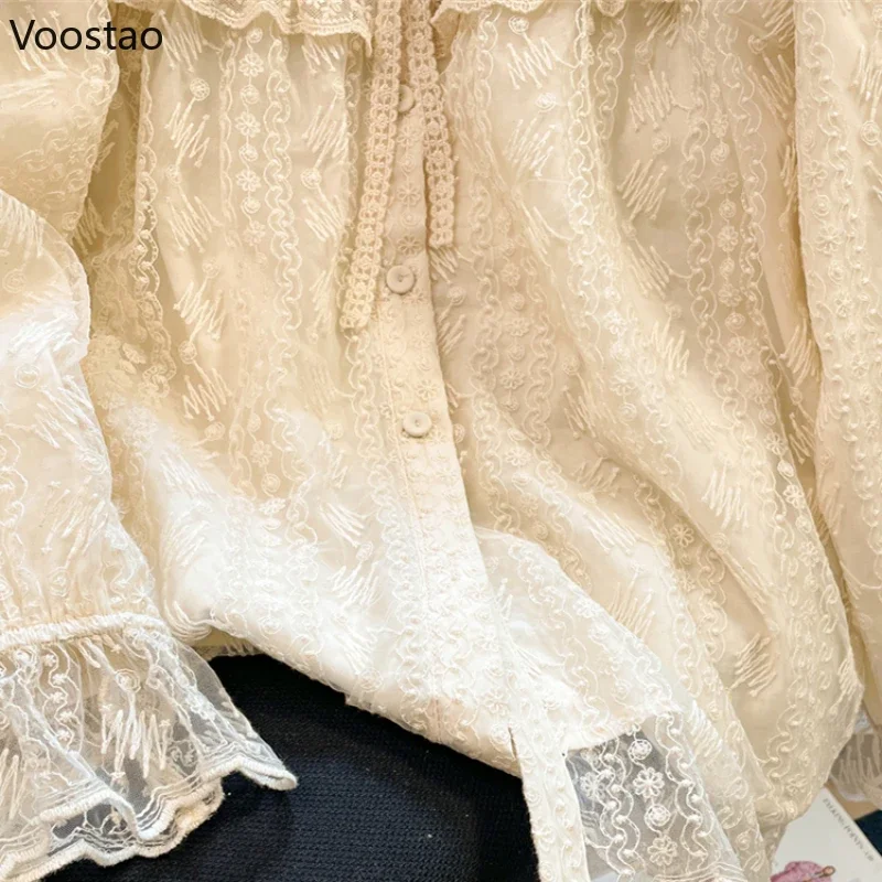 French Vintage Sweet Lolita Shirt Girl Kawaii Lace Ruffles Peter Pan Collar Long Sleeve Blouses Women Spring Autumn Casual Tops