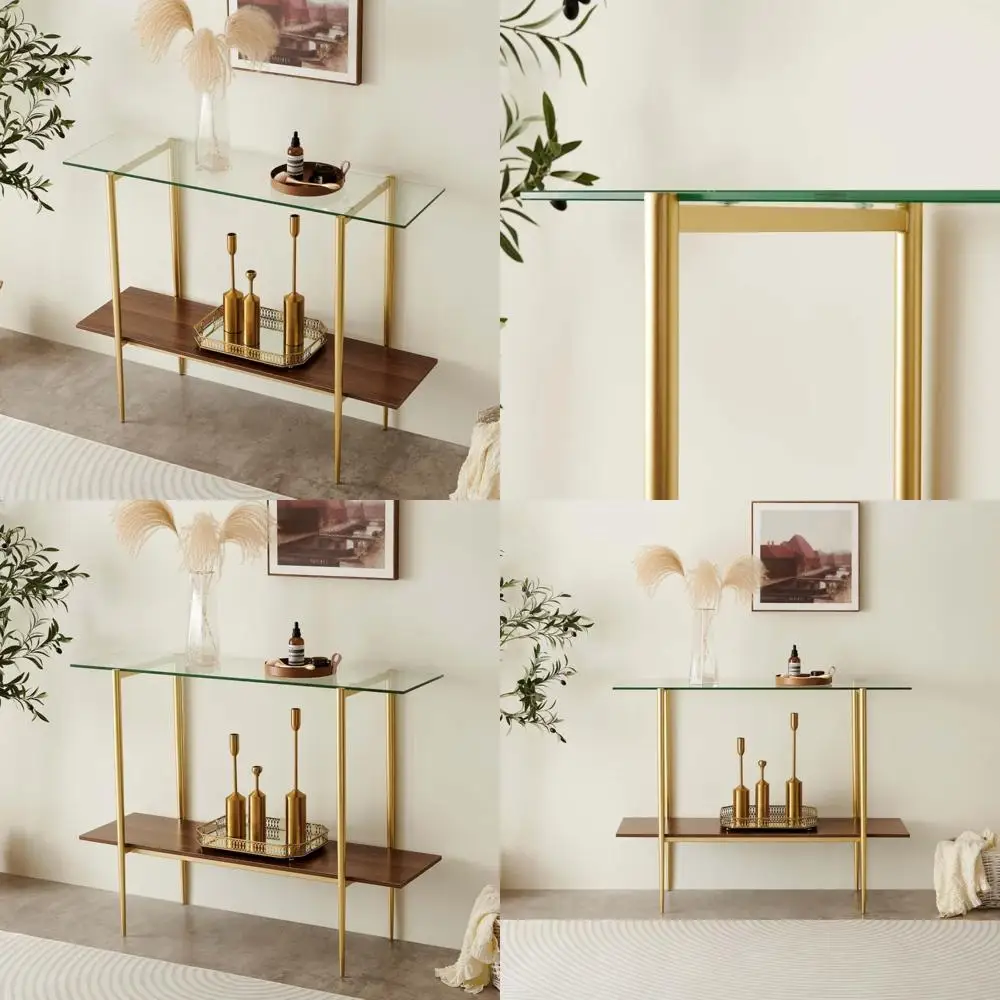 Mid-Century Modern 2-Tier Glass Top Sofa Table with Walnut Finish for Living Room, Foyer, and Entrance