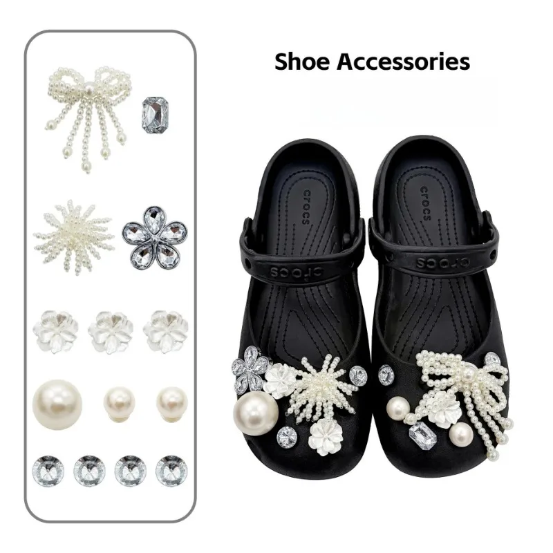 Pearl Flower Shoe Charms Set for Clogs Elegant Silver Tassel Rhinestone Shoe Decoration Pins Shoe Accessorie for Women