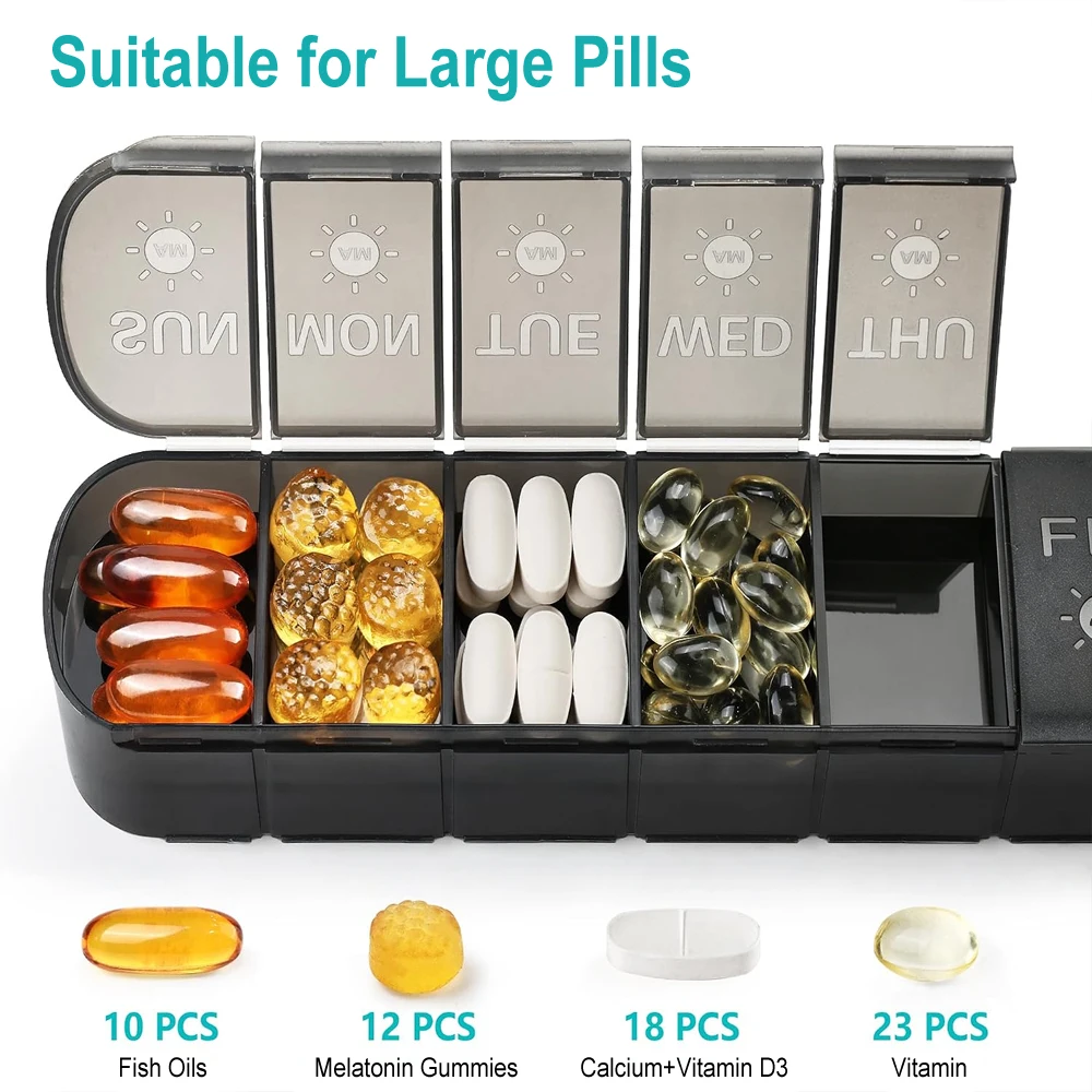 Bpa Free 7 Compartment Weekly Supplement Organizer, Flip Lid Travel Storage Case For Calcium Tablets And Nutrient Capsules