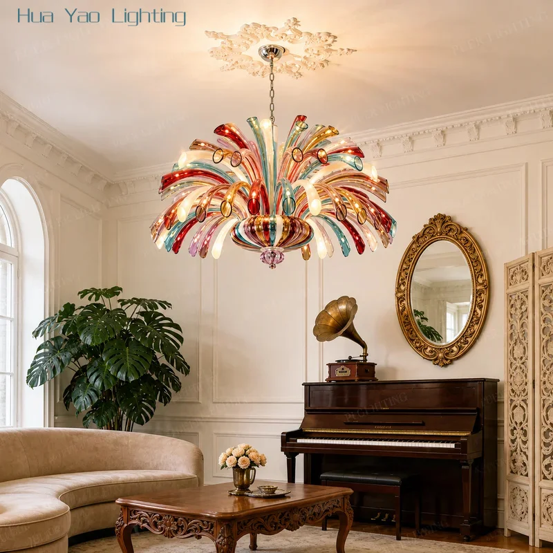 Colorful Crystal Glass Chandelier Murano Style Luxury Vintage Hanging Light For Villa High Ceiling Lamp Living Dining Decor