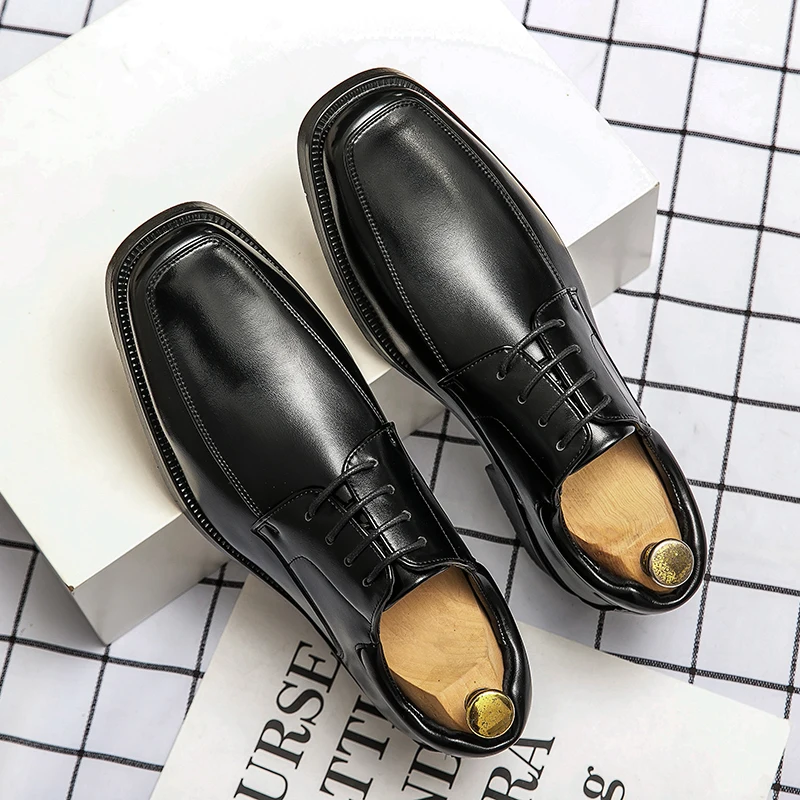 High Quality Business Men Dress Shoes Square head Male Casual Leather Shoes 2024 Lace Up Wedding Shoes Men Gentleman Derby Shoes