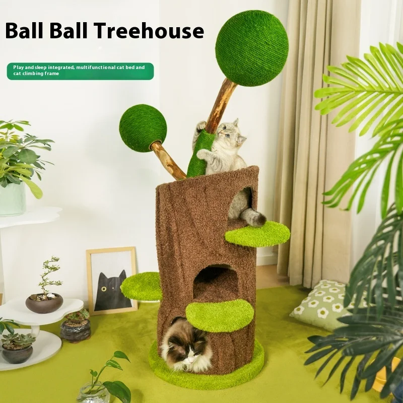 Small Solid Wood 4-Tier Cat Tree, Eco Durable, Space-Saving, Easy Assembly with Toys, Ideal for Apartments, Carton Packed