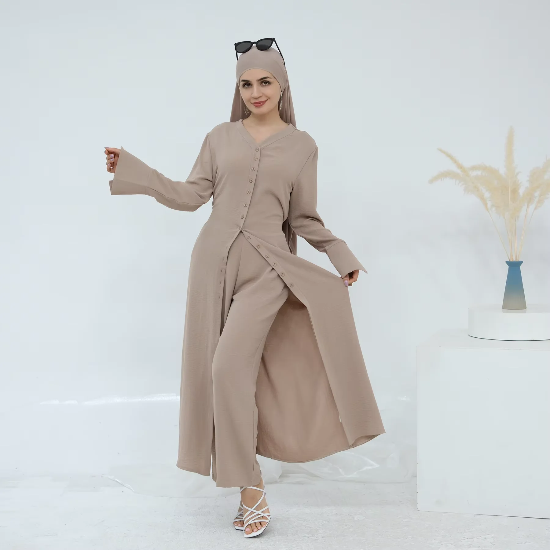 

Muslim Women Long Tops Dress Islam Clothing Pants Abaya Dubai 2025 Turkey Outfits Ramadan Prayer Clothes 2 Piece Set Kaftan Suit