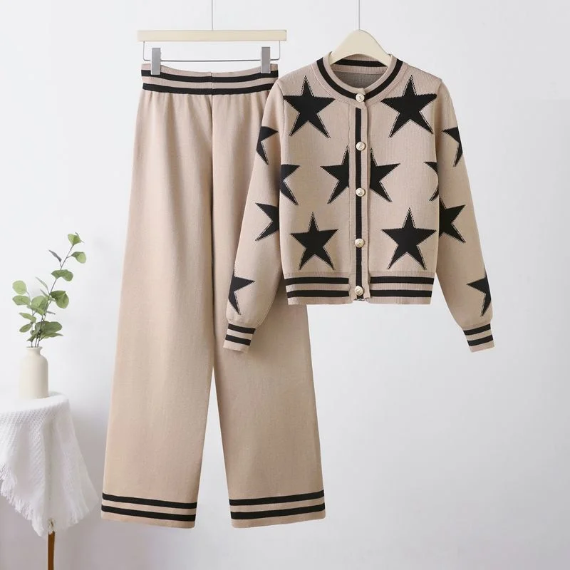 NEW 2025 Spring Autumn Pentagram Jacquard Knitted Sweater Suit Women's Small Fragrant Round Neck Casual Jacket Suit 2-Piece Set