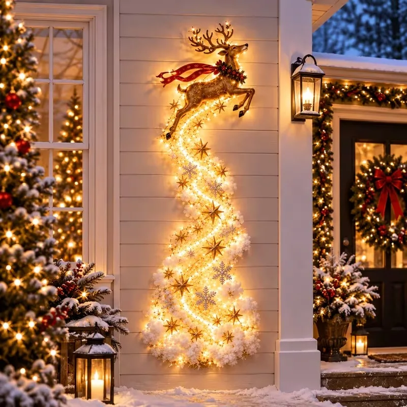 Xmas Magic Trail Wall Lamp Santa Sleigh Reindeer Pendant Star Snowflake Yard Holiday for Garden Patio Home Party Christmas Gift