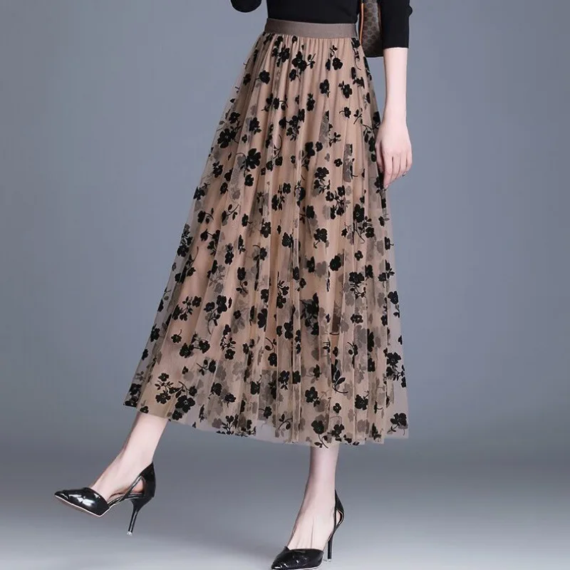 Tulle Skirts for Women Elastic Mid Waist Layered Floral Print Brown Skirt Mesh A- Line Midi Skirt Petticoat Skirts Tea-Length