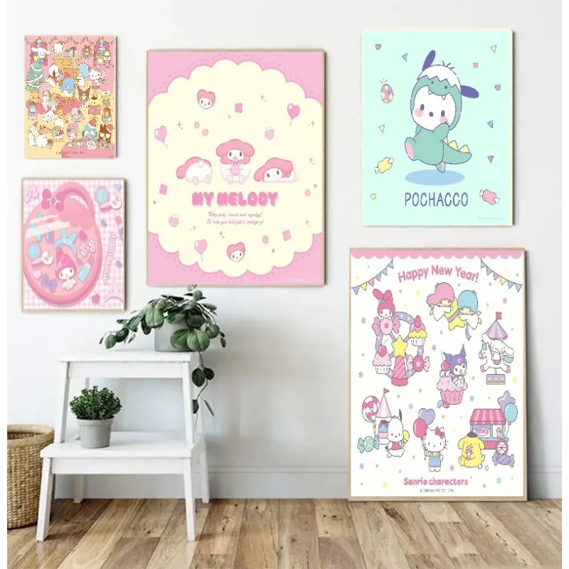 Sanrio Poster Hello Kitty Kuromi Cartoon Anime Canvas Oil Painting Print Children's Room Art Decoration Birthday Kawaii Gift