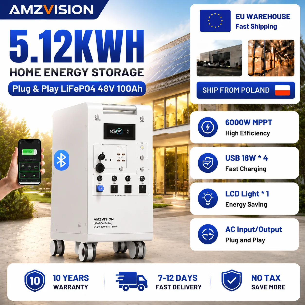 5000W Tragbare Powerstation LiFePO4 48V 100Ah 5Kwh 6000W MPPT-Wechselrichter mit Licht 18W-USB EU AC Ein-/Ausgang PV-Eingang EU LAGERBESTAND