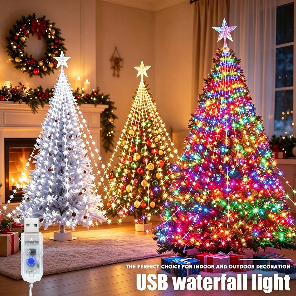 LED Christmas Tree Waterfall Lights with Star Topper USB 8 Modes Indoor Outdoor Xmas Decor Home Party Decoration