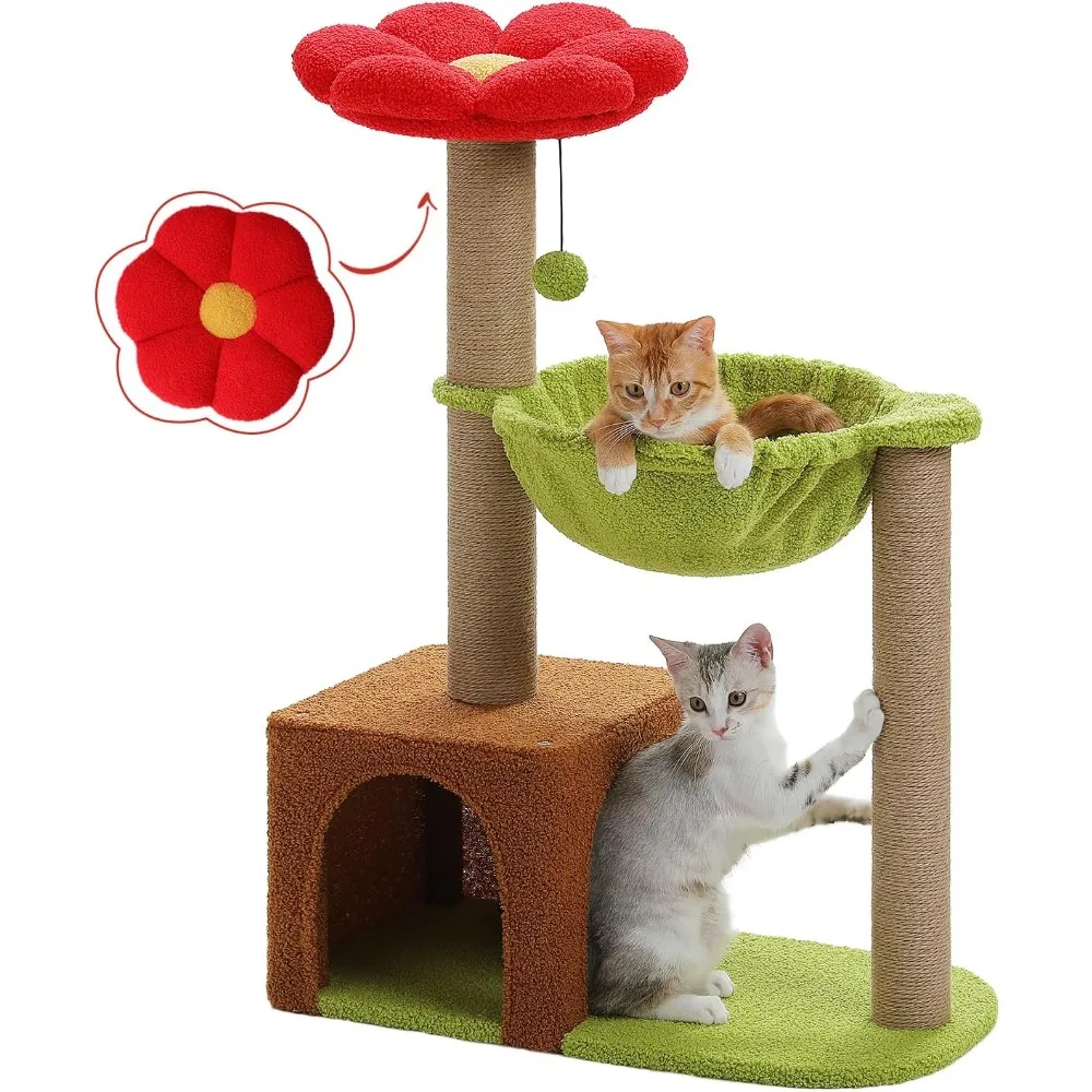 

Flower Cat Tree with Sisal Scratching Posts, 35" Cute Cat Tower with Large Green Hammock for Small Indoor Cats, Cat Condo with R