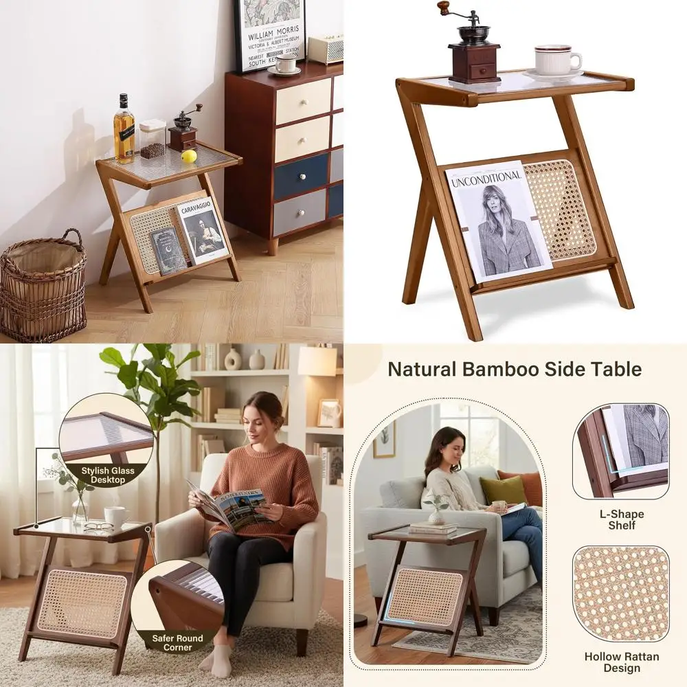 

Bamboo Nightstand with Glass Top, Storage Side Table for Bohemian Living and Bedroom Spaces