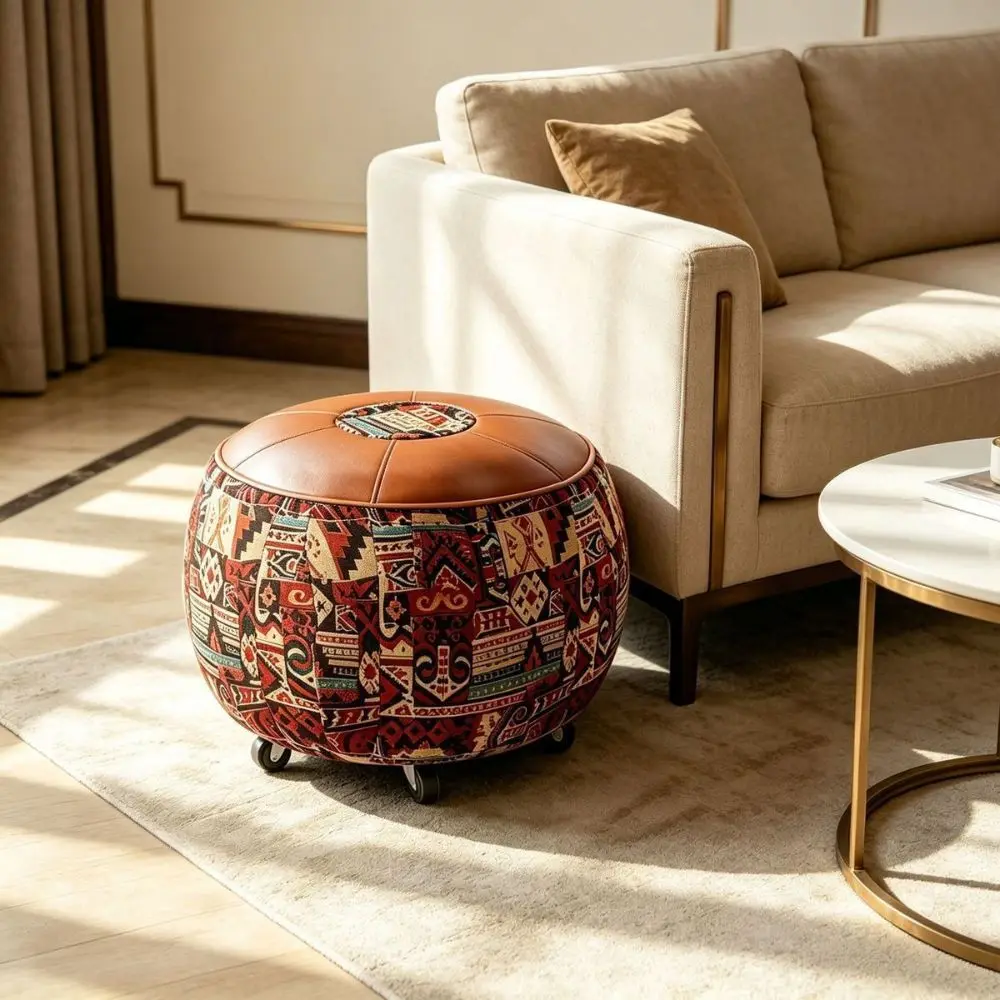 With Wheels Boho Seat Cushion Cover Embroider Craft Unstuffed Pumpkin Pouf Cover Leather Large Capacity Storage Bag