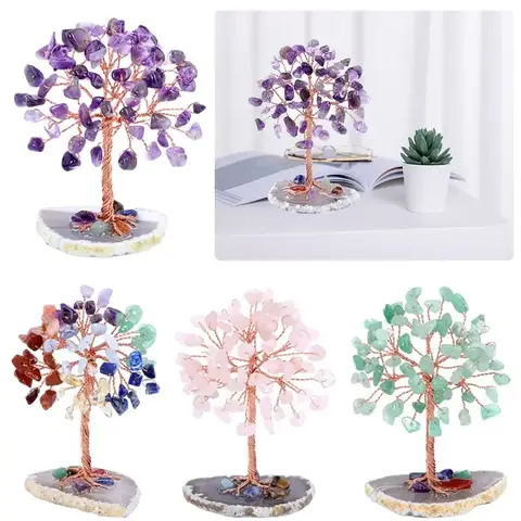 Árbol de dinero de cristal, alambre de cobre envuelto con Base de rebanada de ágata, piedras preciosas de fluorita, Feng Shui, súper Mini árboles, decoración del hogar