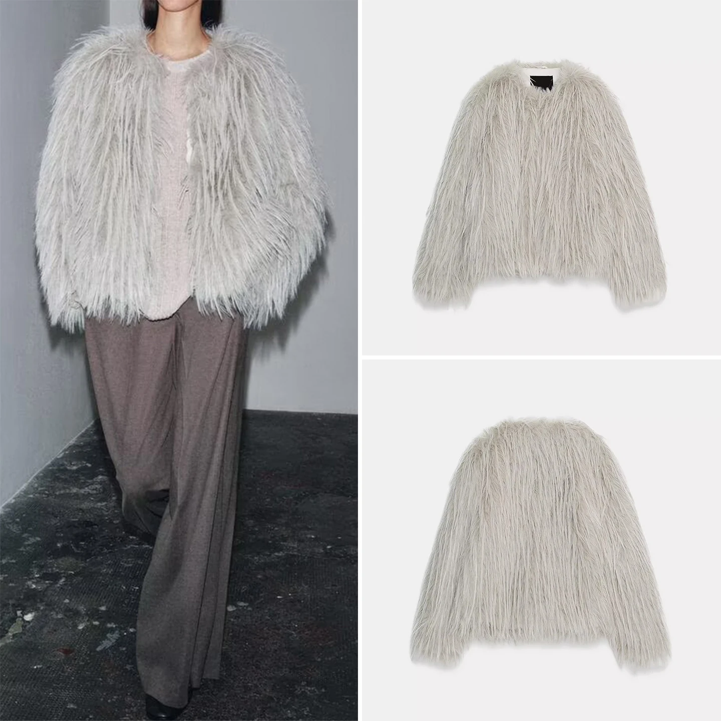 Sztuczny futro z efektem futra, płaszcz damski, odzież wierzchnia, nowość 2025, dopasowany krój, długość ort, włókno poliestrowe