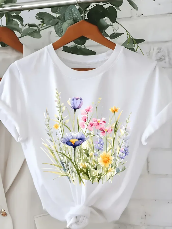 Cottagecore Wildflower Graphic Tee Women Aesthetic Watercolor Floral Print T Shirt Summer Vintage Casual White Tops Botanical Streetwear Clothing