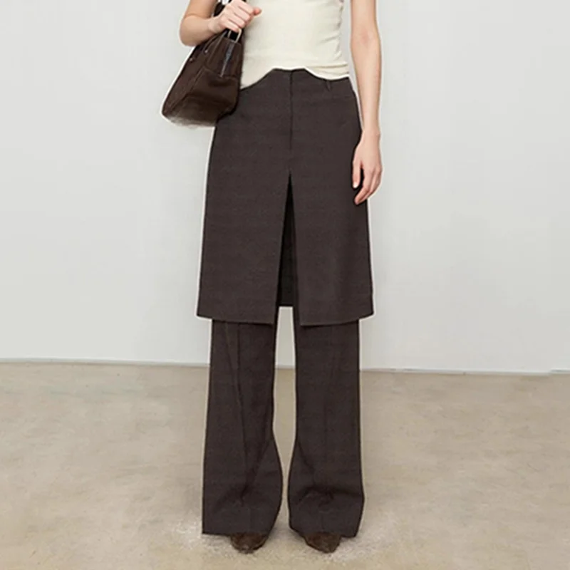 Jenny&dave2026 Franse vintage wol modieuze blogger gelaagde nep tweedelige split uitlopende broek minimalistische dames Cuteore broek