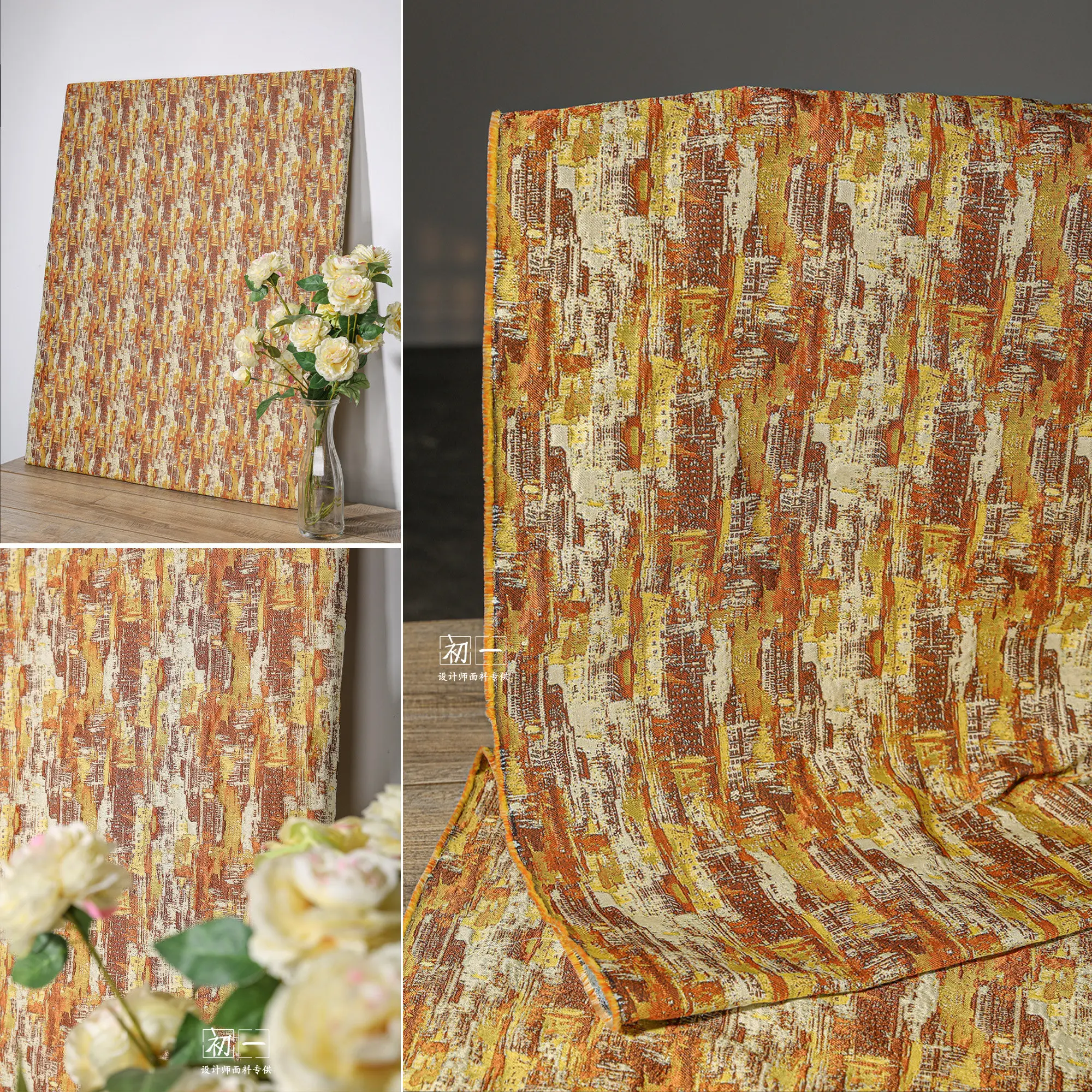 Orange Oil Painting Style Texture Jacquard Fabric Retro Creative DIY Bag Decorative National Skirt Clothing Design