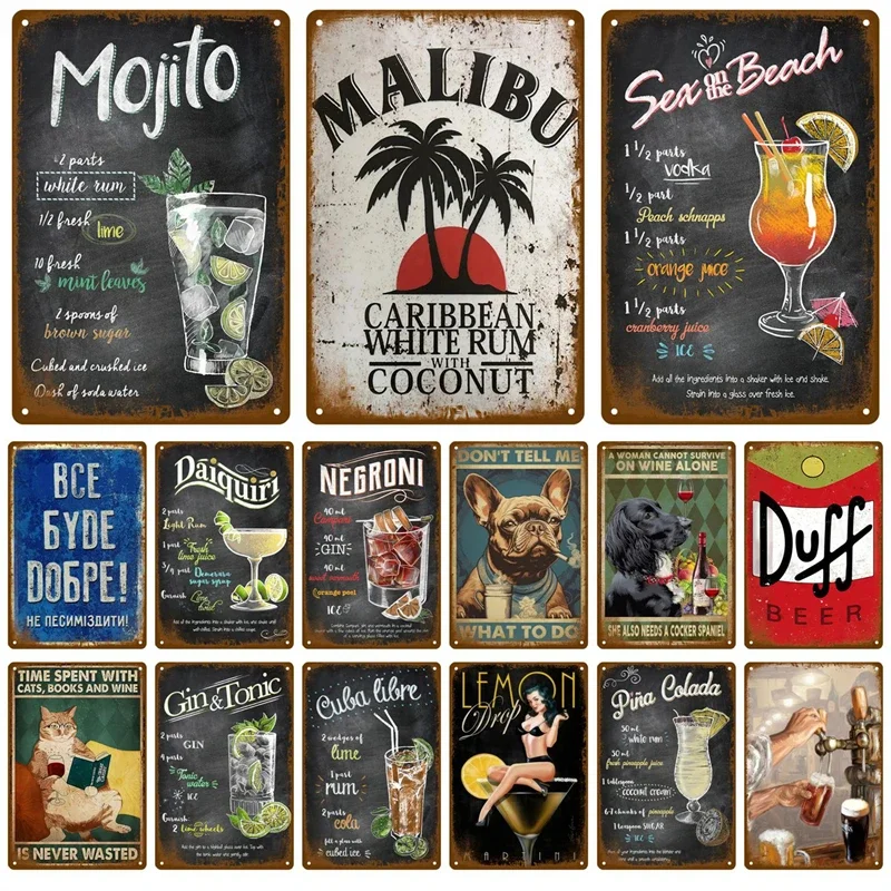 HD Metal Tin Sign Vintage Classic Cocktail Beer Recipe Bar Pub Wall Decor for Home Kitchen Man Cave Decoration