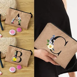 Women Bag Makeup Bag Bridesmaid Makeup Bags Floral Letter Print  Linen Zipper Pouch Travel Organizer Case Mujer Bolsas Cosmetic