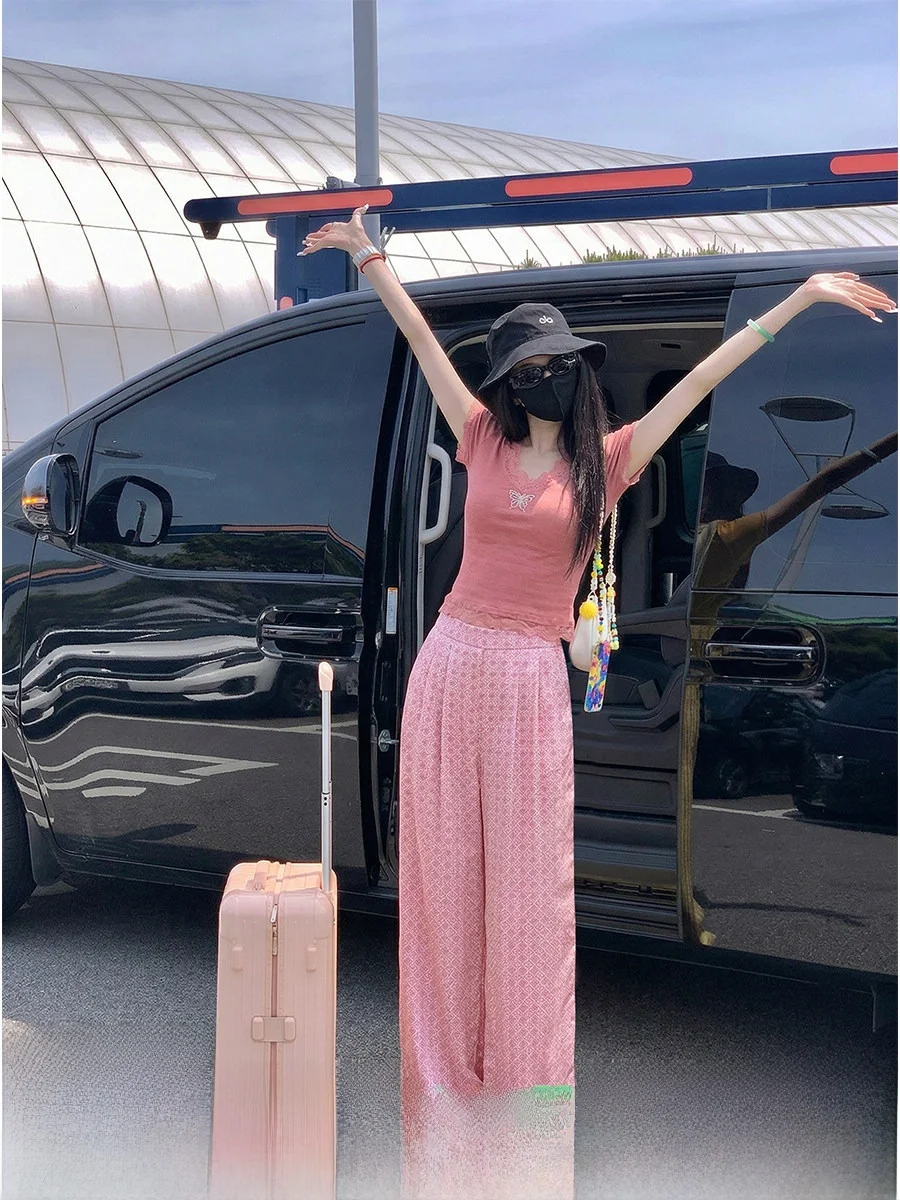 

Syqiao Summer Lazy Straight Leg Lace Trim Silk Tang Pattern Wide Leg Long Pants Women Casual Style Natural Waist Zipper Fly