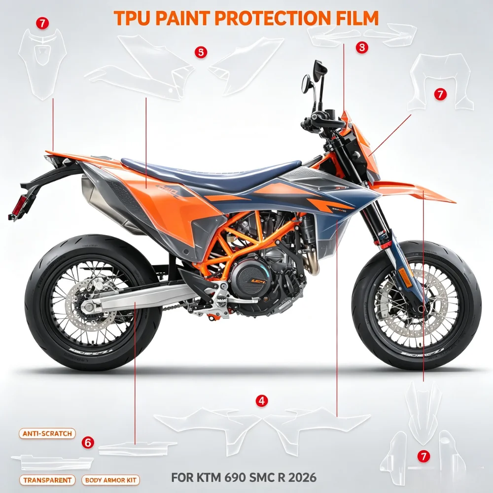 Motorcycle Complete Pre-Cut TPU PPF Kit Clear Bra For KTM 690 SMC R 2026, Self-Healing Gloss Paint Protection Film, Anti-Scratch