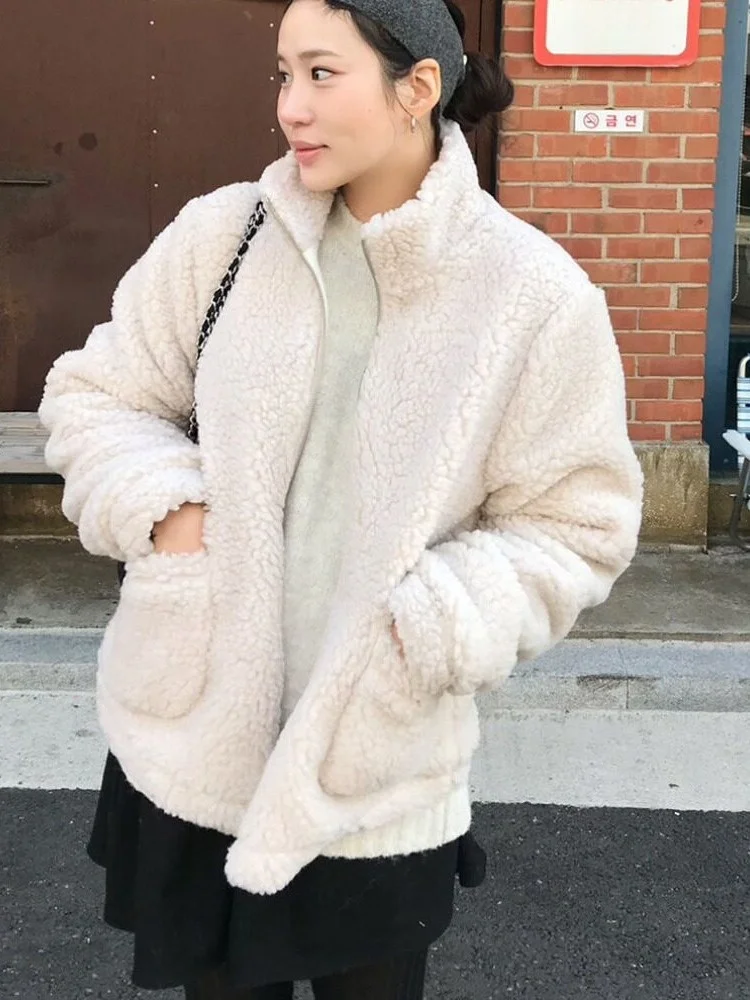 Chic Autumn Winter New Style Thickened Lamb Fur Jacket Women's Short Zipper Faux Leather Fur Integrated Warmth Outerwear