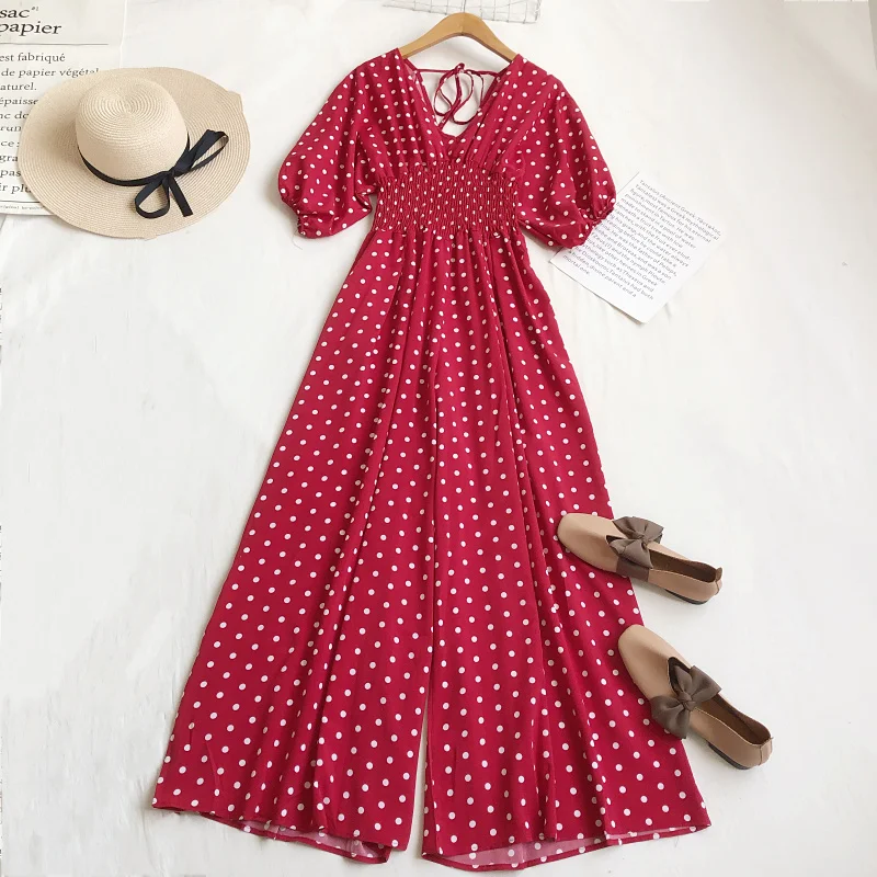 2026 New Summer Woman fashion V Neck short sleeve Dot print jumpsuits high waist pleated casual wide leg Rompers