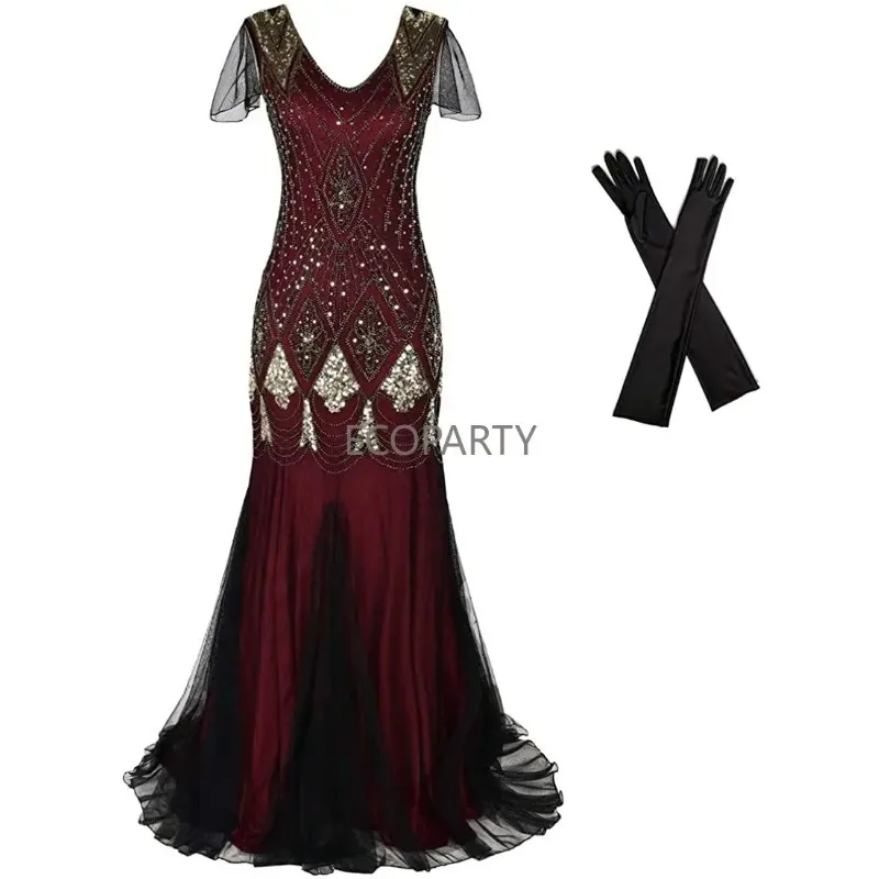 Women's Elegant Evening Long Dress 1920s Flapper Sequin Cocktail Mermaid Plus Size Formal Gown with Long Gloves women clothing