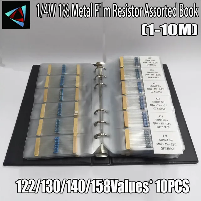 0,25 W 122/130/140/158 Wartości 1R ~ 10M Ohm 1/4W 1% Rezystor z folii metalowej Różne zestawy rezystorów Pakiet Przykładowa książka