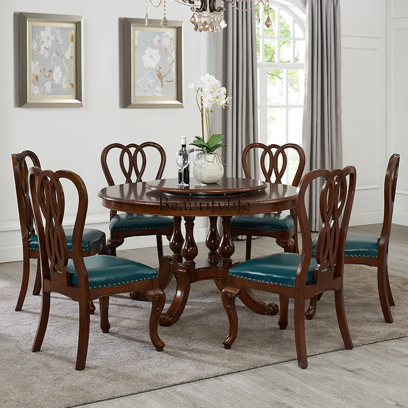 Mesa de comedor americana de madera maciza, mesa redonda sencilla europea retro para restaurante