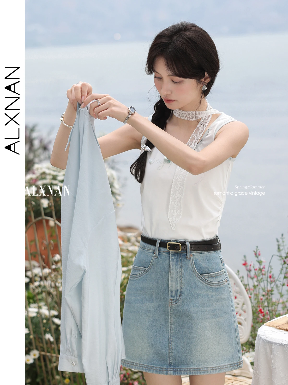 ALXNAN Women's Skirt Blue Vintage Elegant Mini Denim Skirt 2025 Summer High-waist A-line Cotton Casual Ladies Clothing L55172