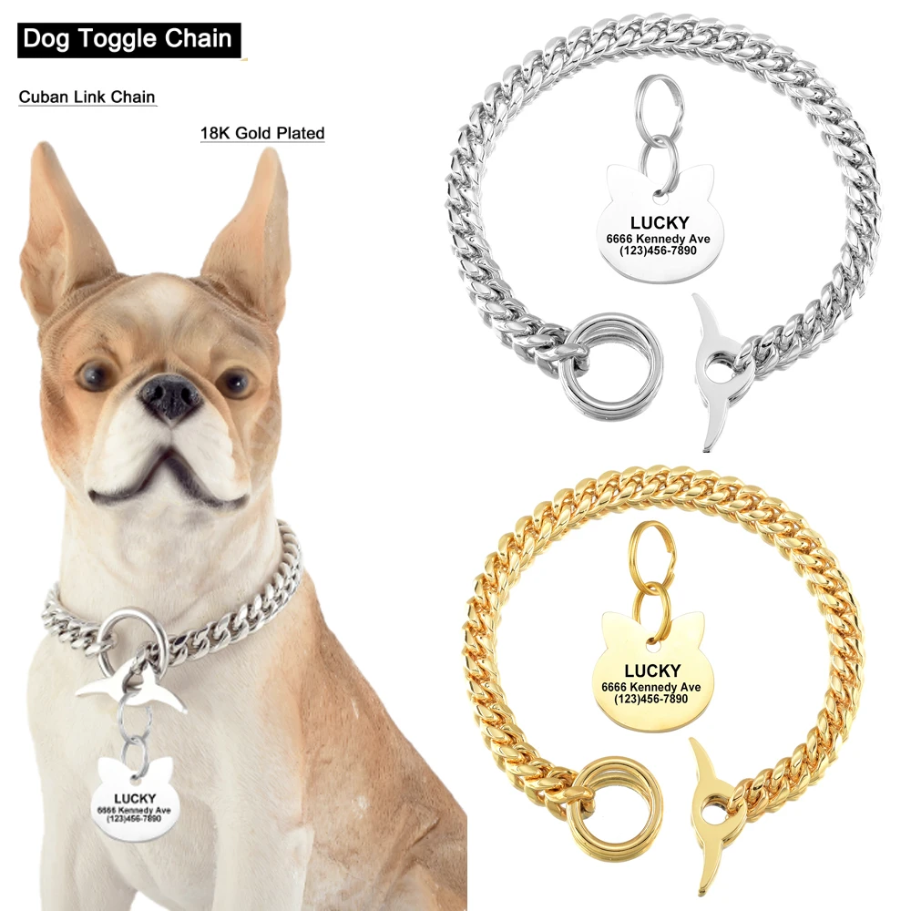 

Gold Silver Color Pet Dog Chain Choke Collar Strong Metal 10mm Chain Collars Stainless Steel Pets Training With Engraved ID Tag