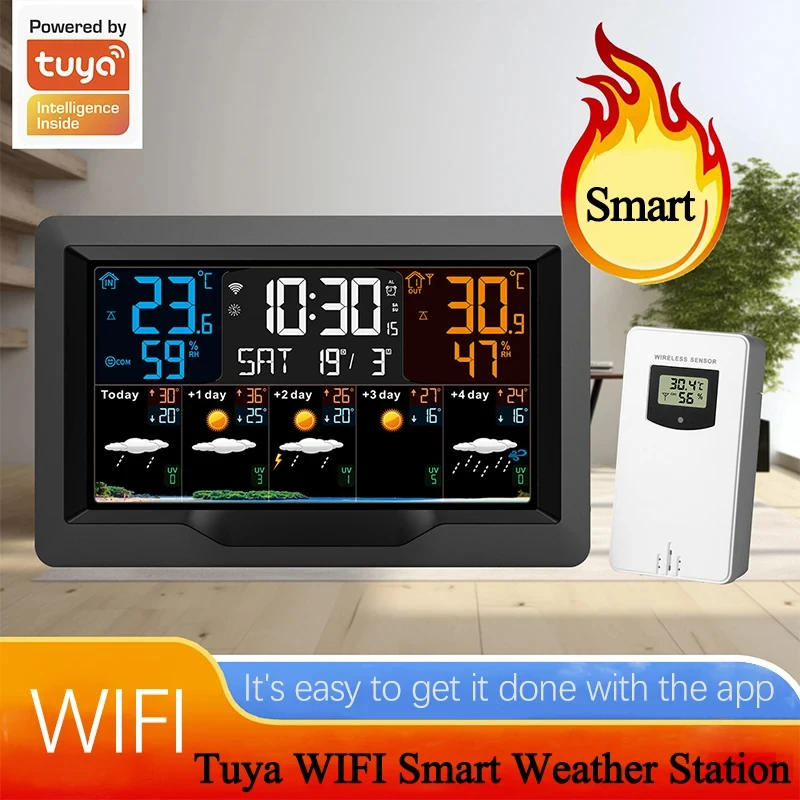 Tuya WIFI Smart Weather Station APP Control Multifunction Weather Monitor Indoor Outdoor Temperature Humidity Meter Color Screen