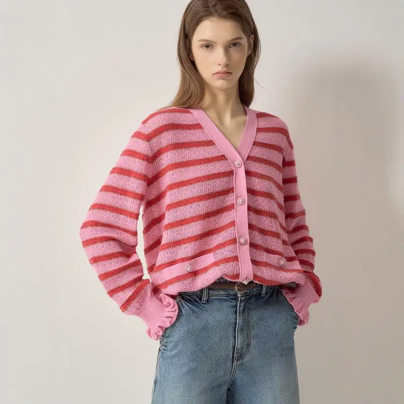 

Ele Simple Striped V-Ne Loose Knitted Open Cardigan Color Blo Autumn Faion Women's Premium Quali Regular Length S...