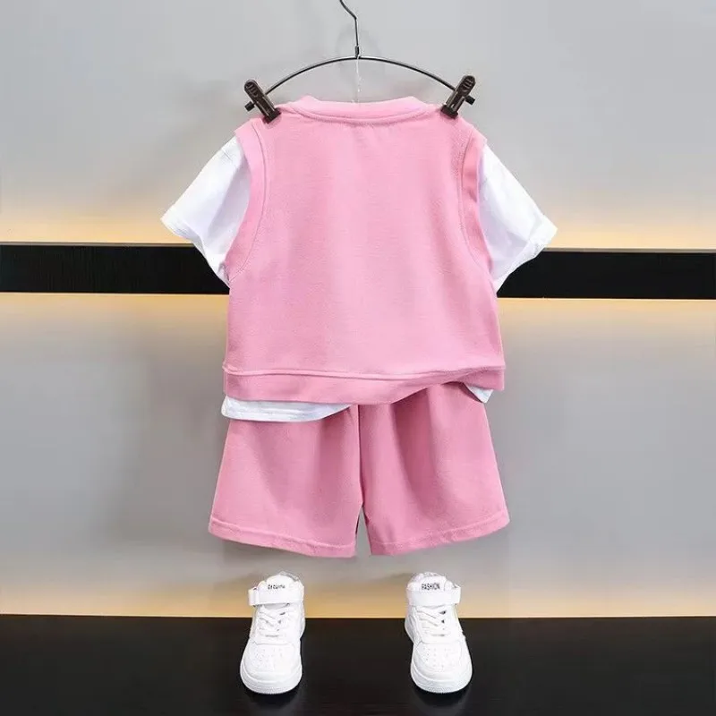 Children's Summer Short Sleeve Set 2023 New Boys and Girls Pink Spliced T-shirt+Shorts 2-Piece Preschool Casual Sportswear Set
