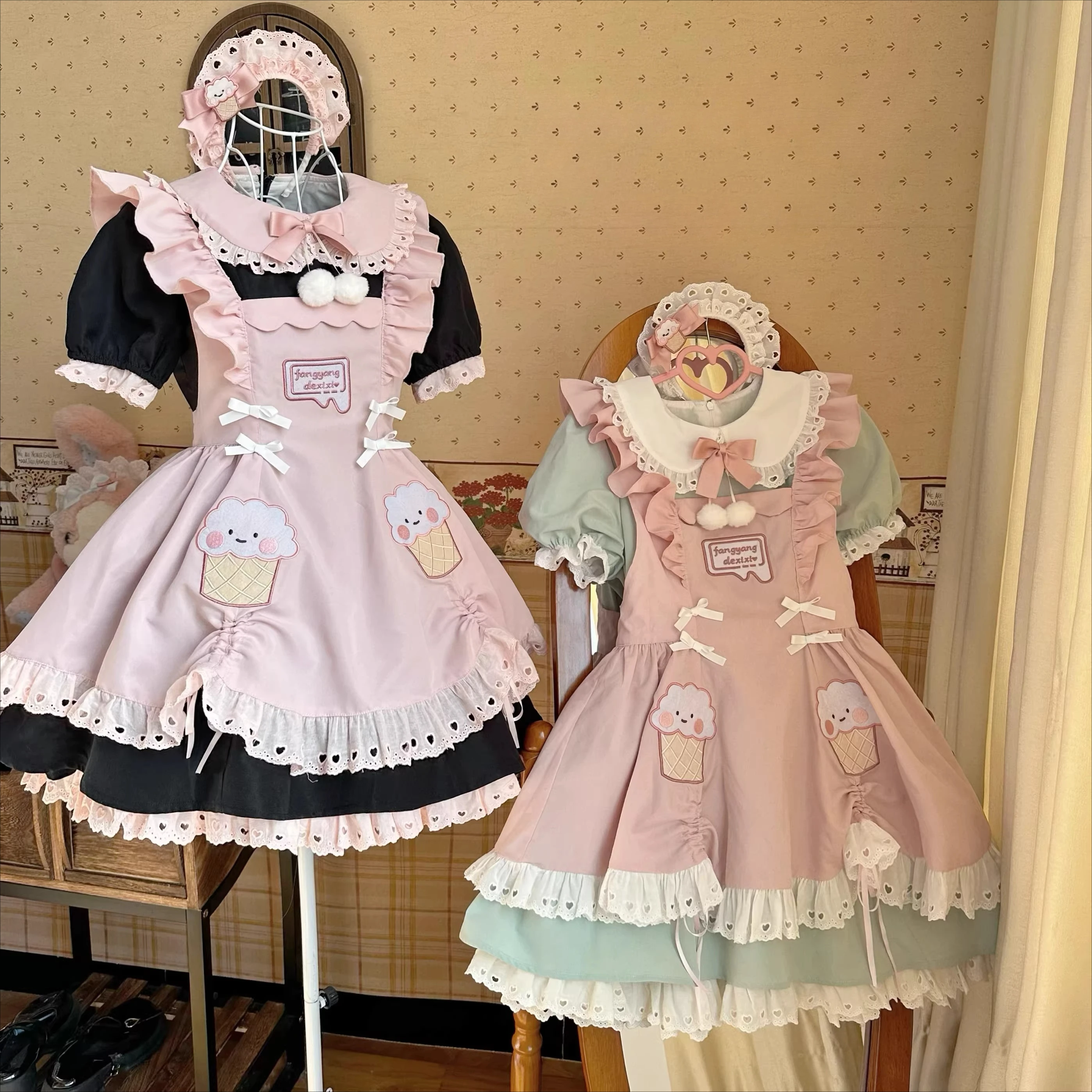 

Kawaii Pink Black Maid Lolita Dress 2026 New Japanese Soft Girl Maid Lolita OP Cute Embroidery Apron Ruffle Outfit