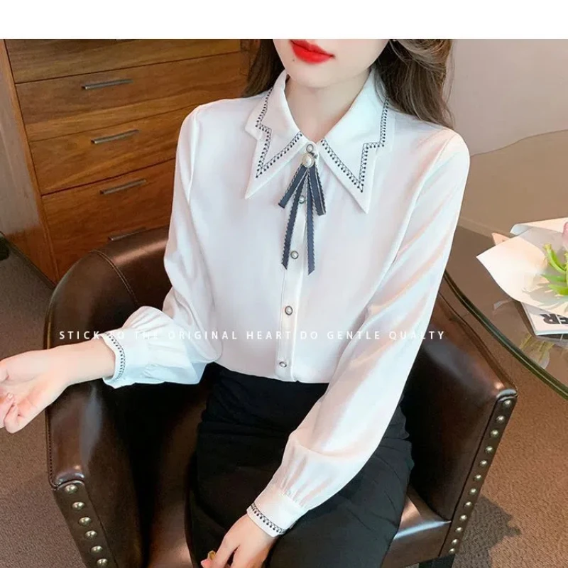 Autumn Winter New Fashion Turn-down Collar Long Sleeve Shirt Women High Street Casual Button Patchwork Cardigan Elegant Bow Tops