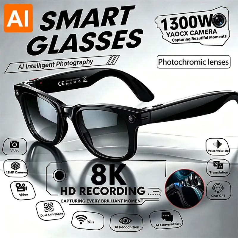 With Upgrade Camera Voice Sunglasses Video Recording AI Photo Recognition 8K HD Smart Bluetooth Call Translation Glasses