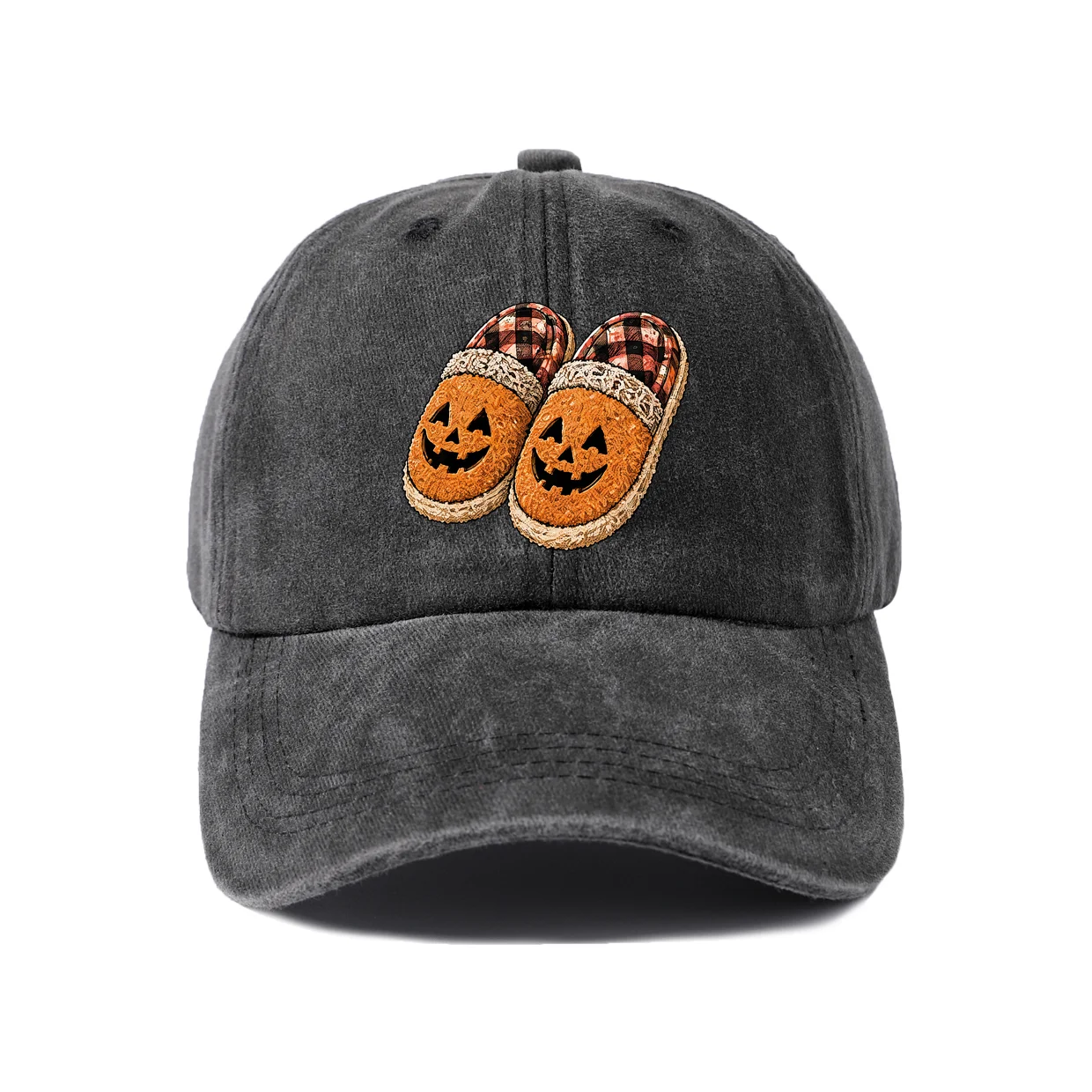 Plaid Pumpkin Slippers Graphic Baseball Cap, Vintage Washed Adjustable Unisex Dad Hat, Casual Gift