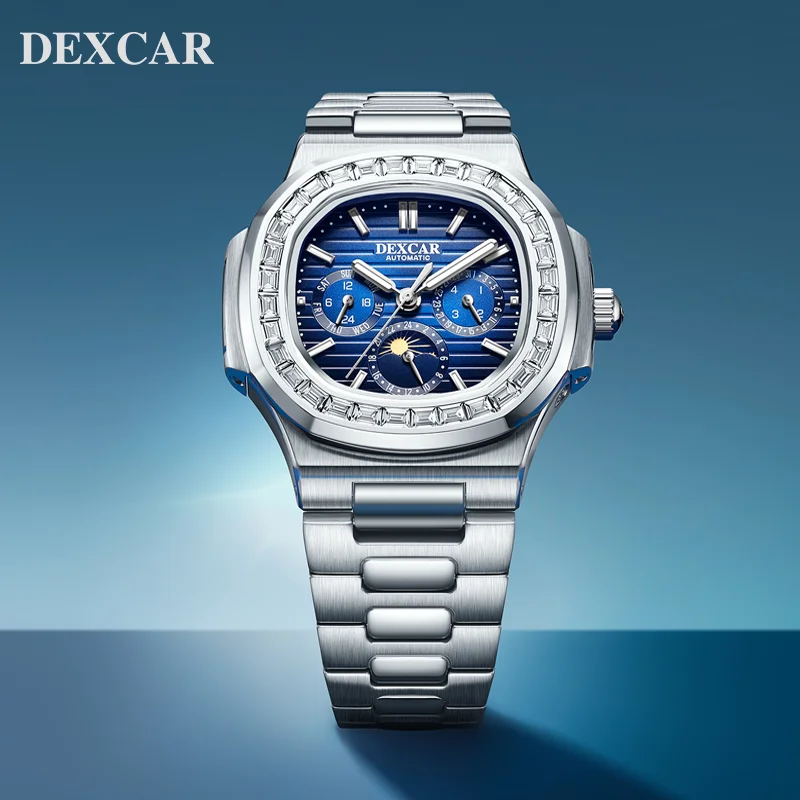 DEXCAR Men\'s Watches Luxury Zircon bezel Automatic Watch For Men Multifunctional Moon phase Mechanical Wrist watch Men 2024 New