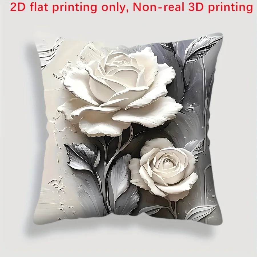 1PC Throw Pillow Cover,3D Embossed White Rose Print,Elegant Romantic Style,For Sofa Bedroom Couch Home Decor