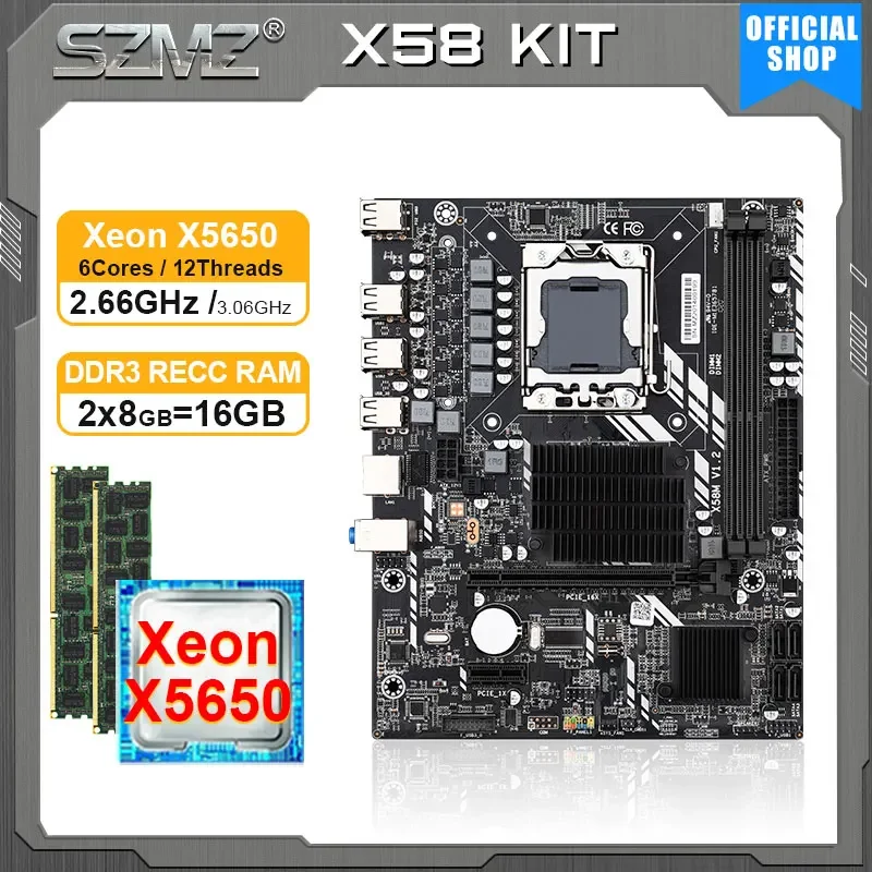 SZMZ X58 Motherboard LGA 1356 Xeon Kit with processor X5650 CPU and 2*8GB DDR3 memory Combo LGA1366 placa mae complete set