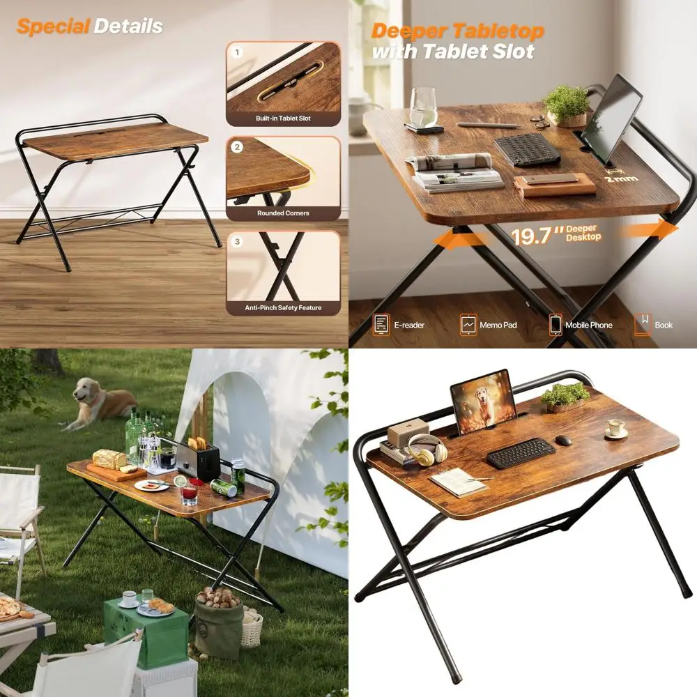 

Folding Desk with 3-Level Adjustable Height and Tablet Slot, 32 Inch Foldable Computer Desk for Small Spaces, Space Saving, Writ